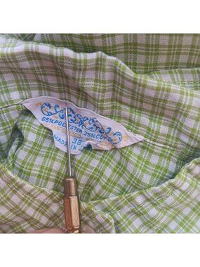 True Vintage Top Large Green Plaid Short-Sleeve Ruffle Blouse High Collar 1970's